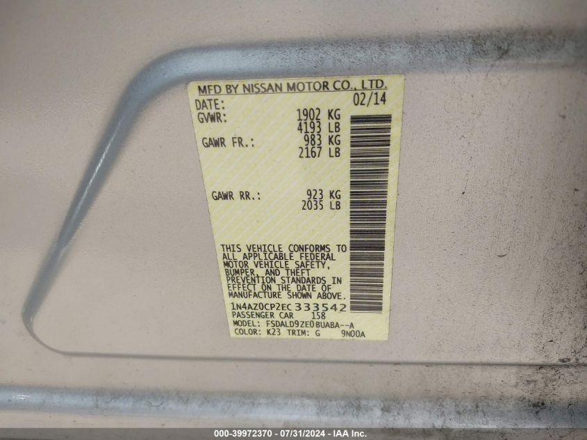 2014 Nissan Leaf Sv VIN: 1N4AZ0CP2EC333542 Lot: 39972370