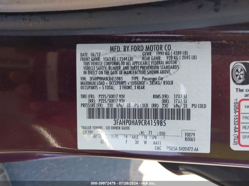 2012 Ford Fusion Se VIN: 3FAHP0HA9CR415985 Lot: 39972479