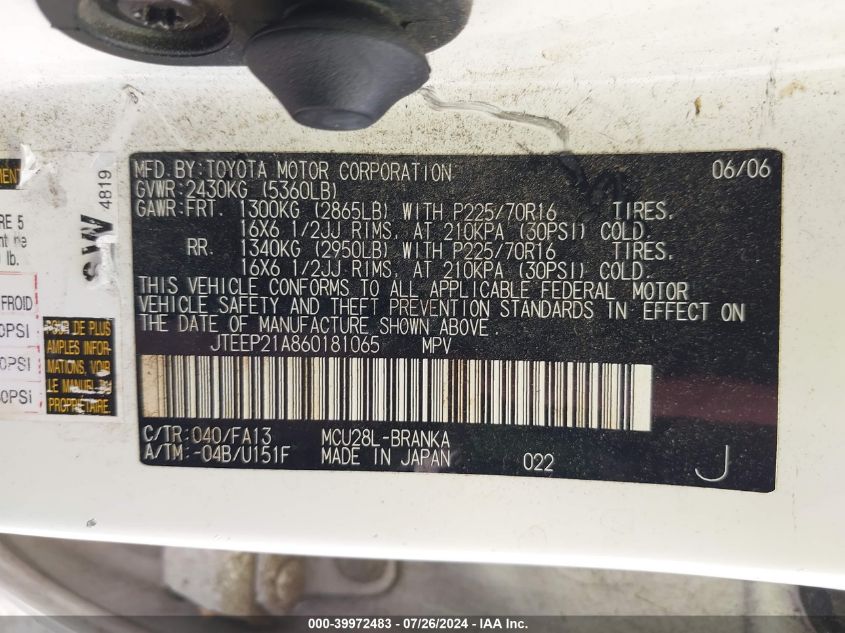 2006 Toyota Highlander V6 VIN: JTEEP21A860181065 Lot: 39972483