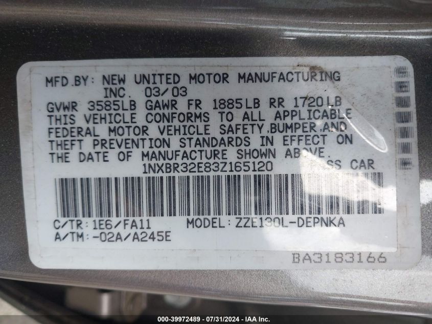 2003 Toyota Corolla Le VIN: 1NXBR32E83Z165120 Lot: 39972489