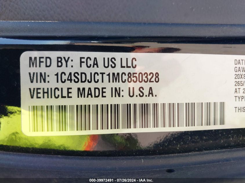 2021 Dodge Durango R/T Awd VIN: 1C4SDJCT1MC850328 Lot: 39972491