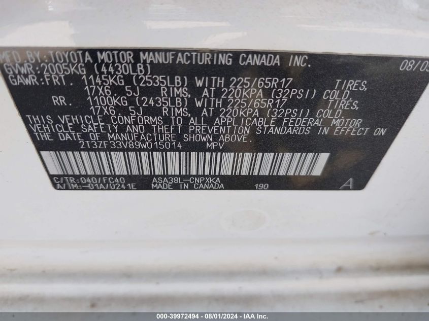 2009 Toyota Rav4 VIN: 2T3ZF33V89W015014 Lot: 39972494