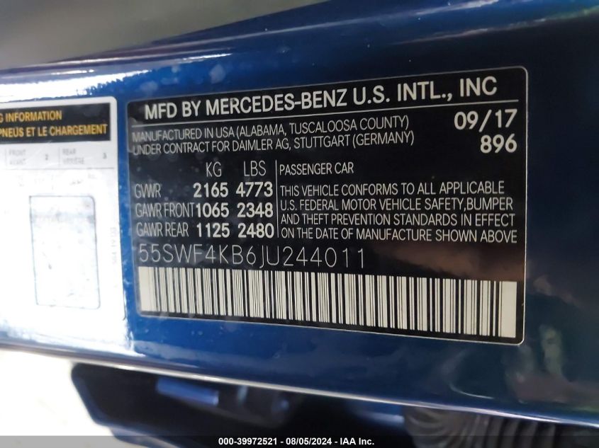 2018 Mercedes-Benz C 300 4Matic VIN: 55SWF4KB6JU244011 Lot: 39972521