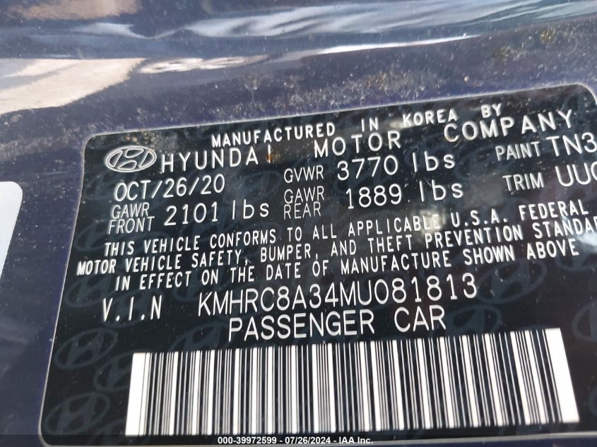 2021 Hyundai Venue Denim VIN: KMHRC8A34MU081813 Lot: 39972599