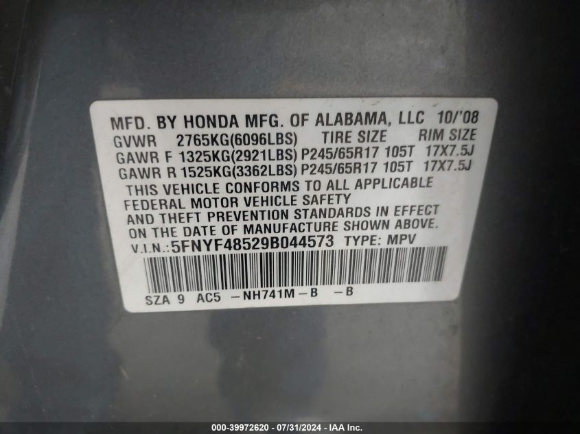 2009 Honda Pilot Exl VIN: 5FNYF48529B044573 Lot: 39972620