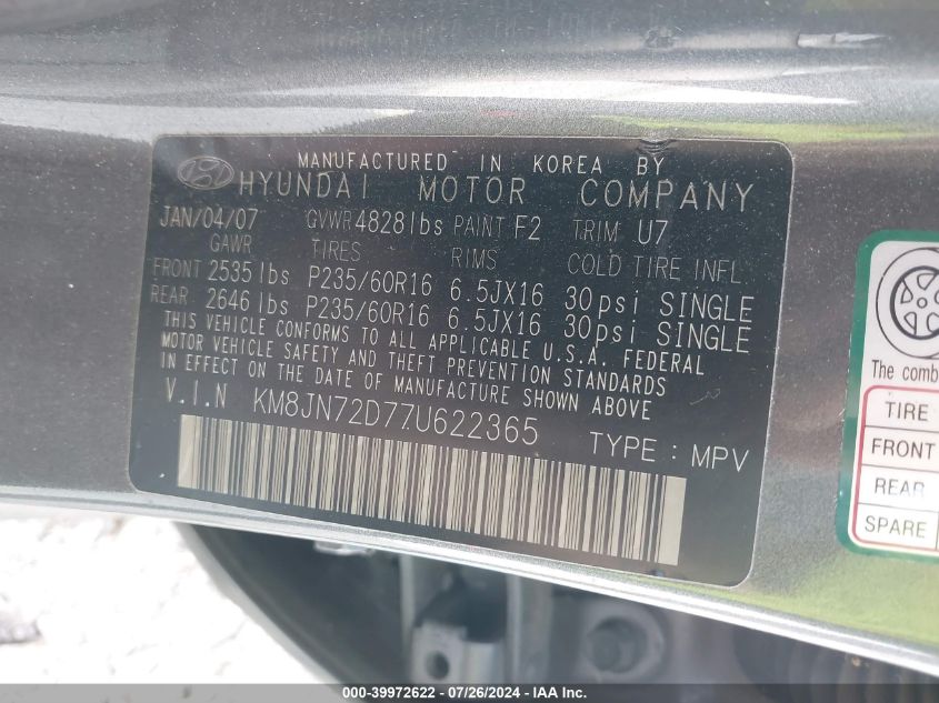 2007 Hyundai Tucson Limited/Se VIN: KM8JN72D77U622365 Lot: 39972622