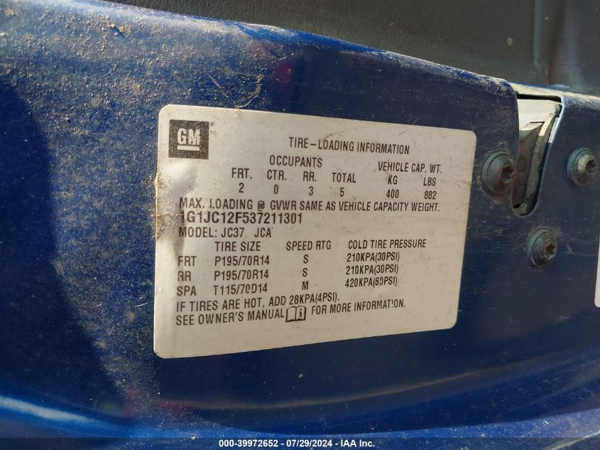 2003 Chevrolet Cavalier VIN: 1G1JC12F537211301 Lot: 39972652