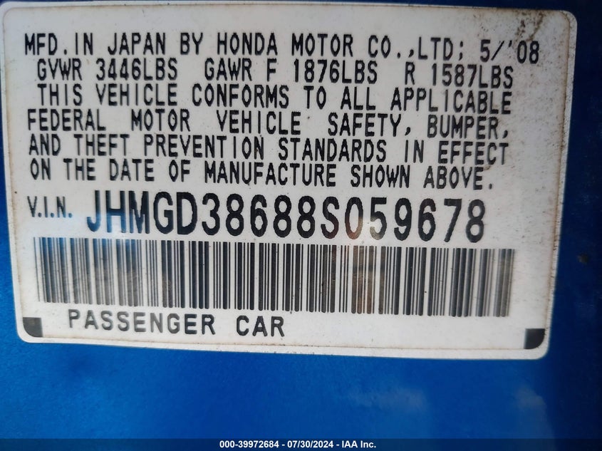2008 Honda Fit Sport VIN: JHMGD38688S059678 Lot: 39972684