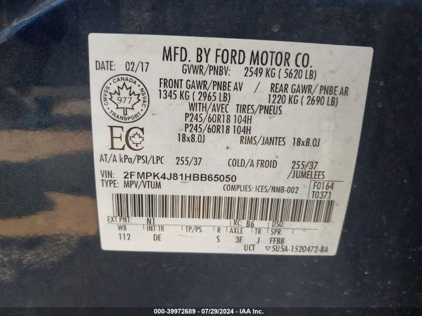 2017 Ford Edge Sel VIN: 2FMPK4J81HBB65050 Lot: 39972689