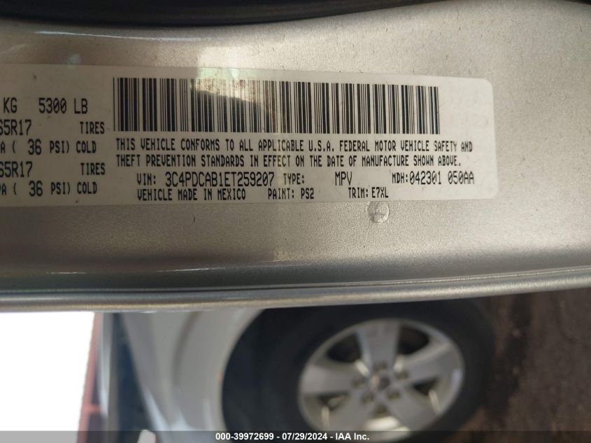 2014 Dodge Journey Se VIN: 3C4PDCAB1ET259207 Lot: 39972699