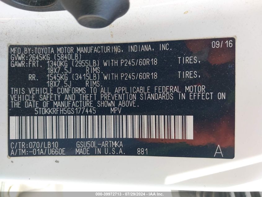 2016 Toyota Highlander Xle V6 VIN: 5TDKKRFH5GS177445 Lot: 39972713