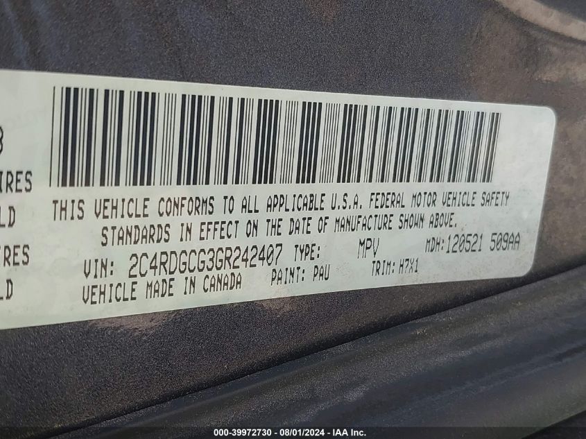 2016 Dodge Grand Caravan Sxt VIN: 2C4RDGCG3GR242407 Lot: 39972730