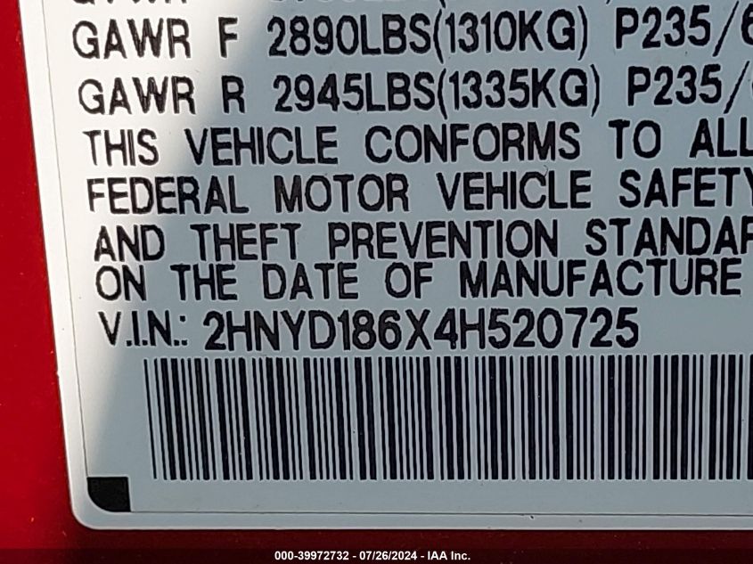 2004 Acura Mdx Touring VIN: 2HNYD186X4H520725 Lot: 39972732