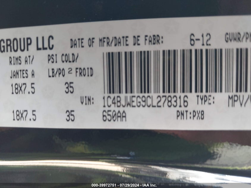 2012 Jeep Wrangler Unlimited Sahara VIN: 1C4BJWEG9CL278316 Lot: 39972751