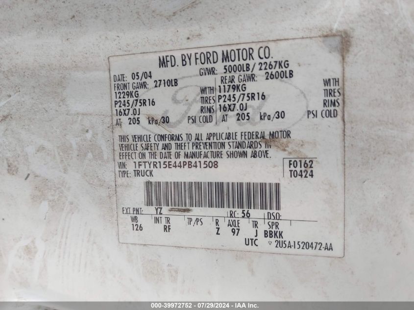 2004 Ford Ranger Xlt VIN: 1FTYR15E44PB41508 Lot: 39972752