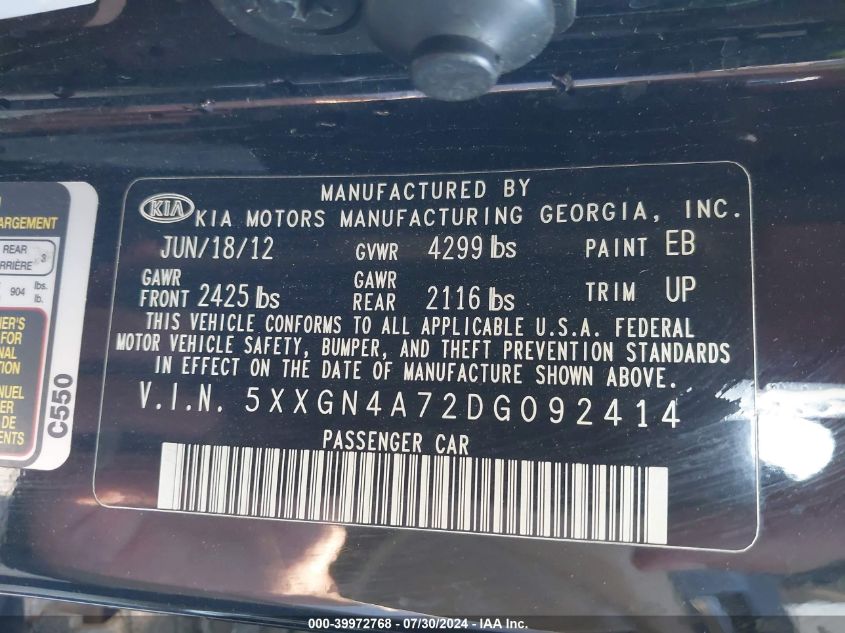 2013 Kia Optima Ex VIN: 5XXGN4A72DG092414 Lot: 39972768