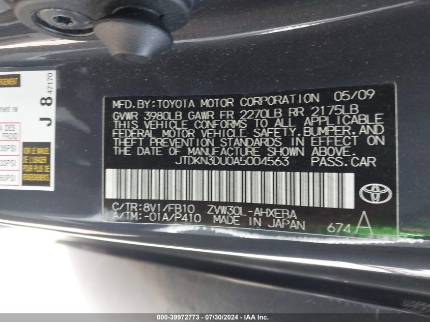 2010 Toyota Prius VIN: JTDKN3DU0A5004563 Lot: 39972773