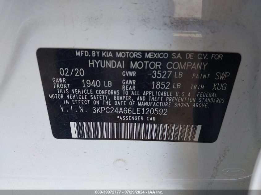 2020 Hyundai Accent Sel VIN: 3KPC24A66LE120592 Lot: 39972777