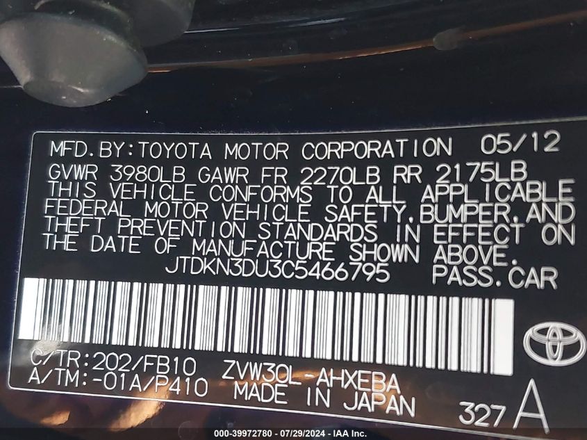 2012 Toyota Prius Three VIN: JTDKN3DU3C5466795 Lot: 39972780