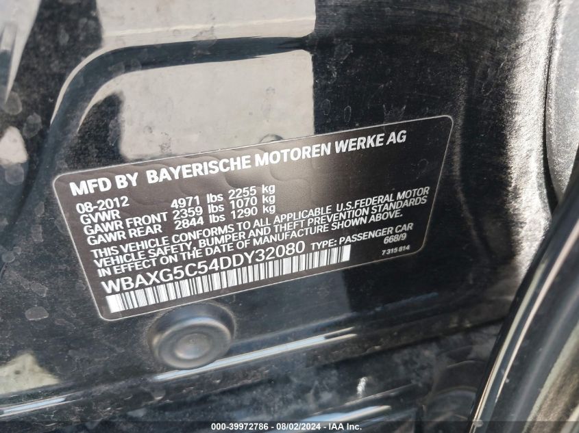 2013 BMW 528I I VIN: WBAXG5C54DDY32080 Lot: 39972786