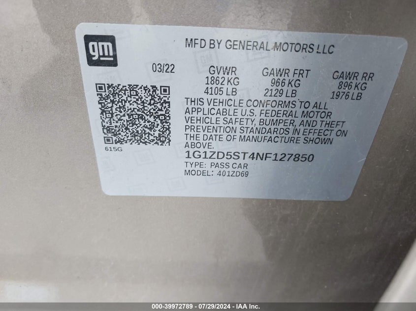 2022 Chevrolet Malibu Lt VIN: 1G1ZD5ST4NF127850 Lot: 39972789