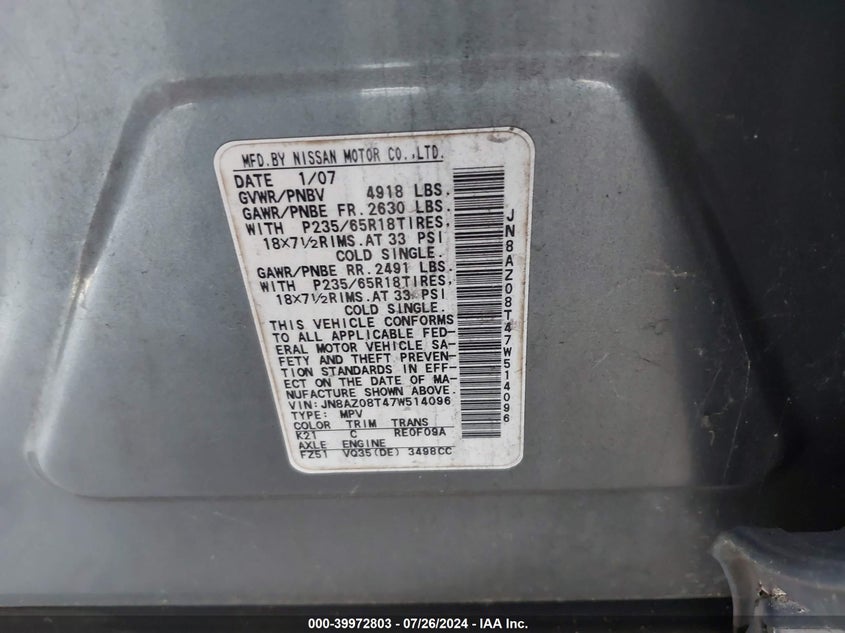 2007 Nissan Murano Sl VIN: JN8AZ08T47W514096 Lot: 39972803