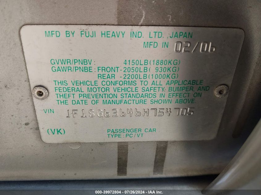2006 Subaru Forester 2.5X VIN: JF1SG63646H754705 Lot: 39972804