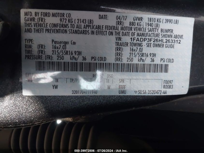 1FADP3F26HL263312 2017 Ford Focus Se