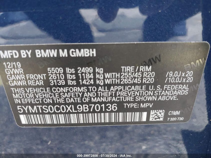 2020 BMW X3 M VIN: 5YMTS0C0XL9B70136 Lot: 39972808