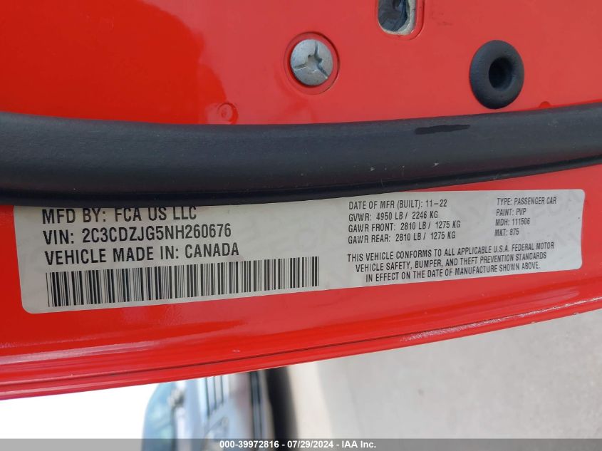 2022 Dodge Challenger Gt VIN: 2C3CDZJG5NH260676 Lot: 39972816