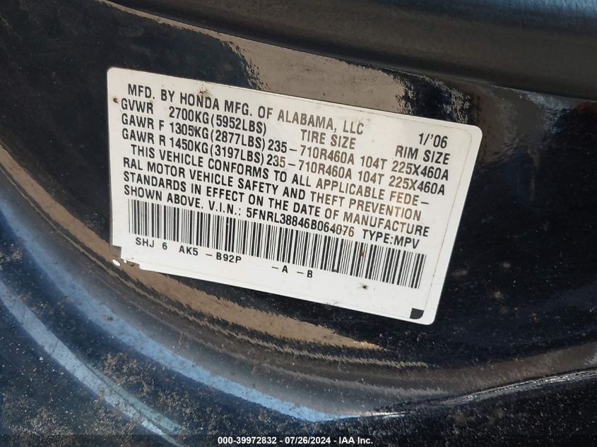 2006 Honda Odyssey Touring VIN: 5FNRL38846B064076 Lot: 39972832