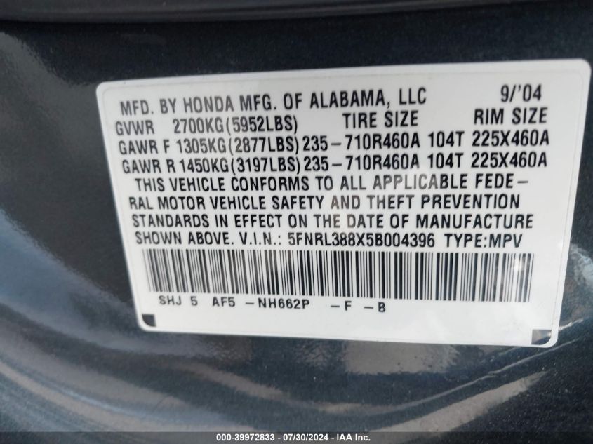 2005 Honda Odyssey Touring VIN: 5FNRL388X5B004396 Lot: 39972833