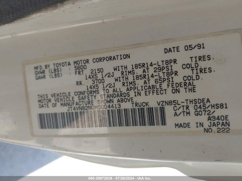 1991 Toyota Pickup 1 Ton Long Bed Dlx VIN: JT4VN82N0M5004413 Lot: 39972839