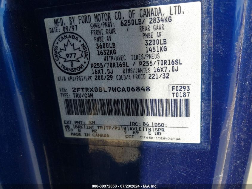 1998 Ford F-150 Lariat/Xl/Xlt VIN: 2FTRX08L7WCA06848 Lot: 39972858