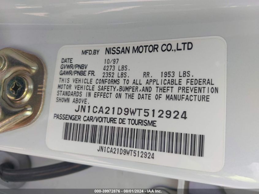 1998 Nissan Maxima Gle/Gxe/Se VIN: JN1CA21D9WT512924 Lot: 39972876