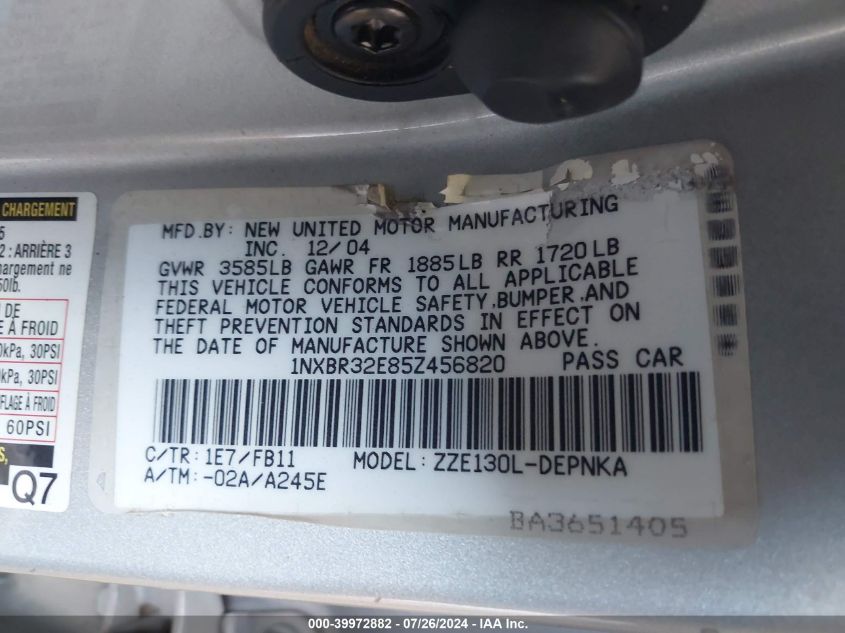 2005 Toyota Corolla Le VIN: 1NXBR32E85Z456820 Lot: 39972882