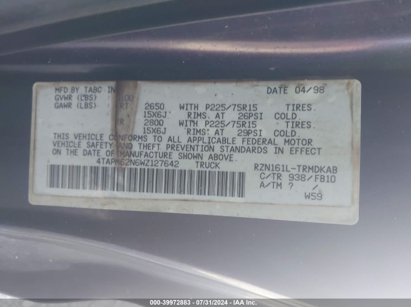 1998 Toyota Tacoma VIN: 4TAPM62N6WZ127642 Lot: 39972883