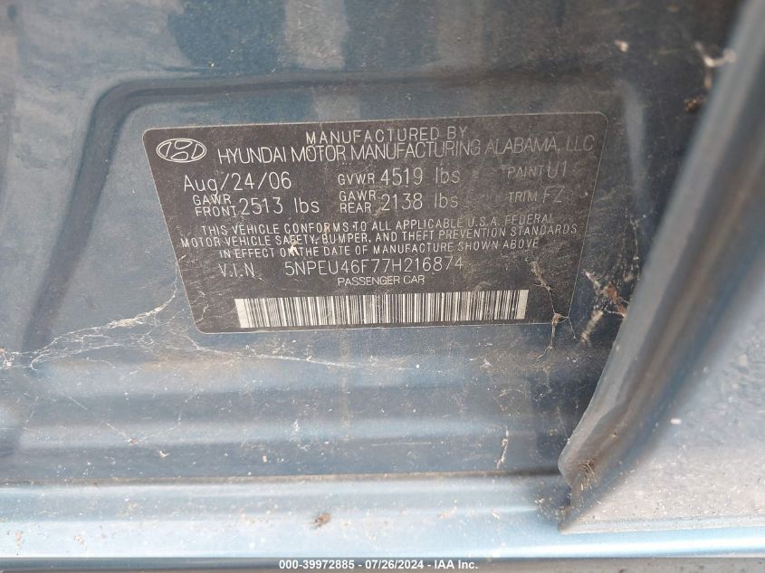 2007 Hyundai Sonata Limited/Se V6 VIN: 5NPEU46F77H216874 Lot: 39972885