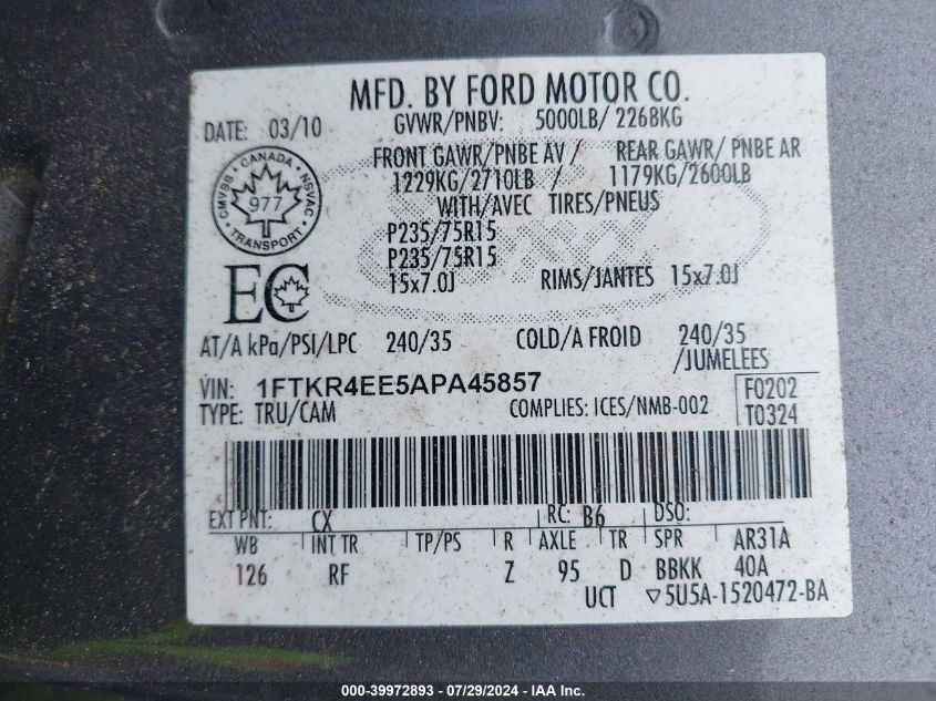 2010 Ford Ranger Sport VIN: 1FTKR4EE5APA45857 Lot: 39972893