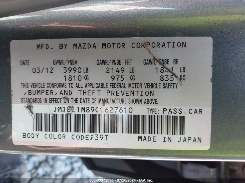 2012 Mazda Mazda3 I Grand Touring VIN: JM1BL1M89C1627610 Lot: 39972896