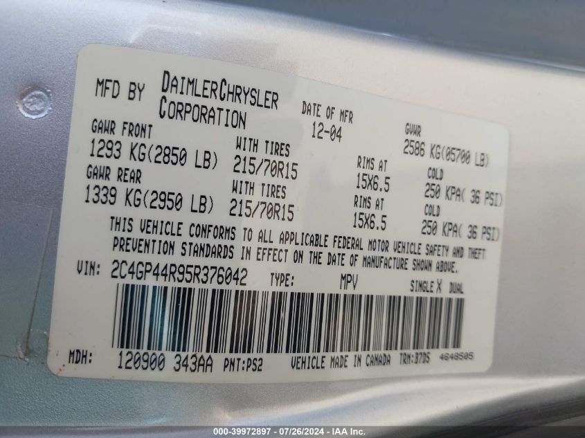 2005 Chrysler Town & Country Lx VIN: 2C4GP44R95R376042 Lot: 39972897