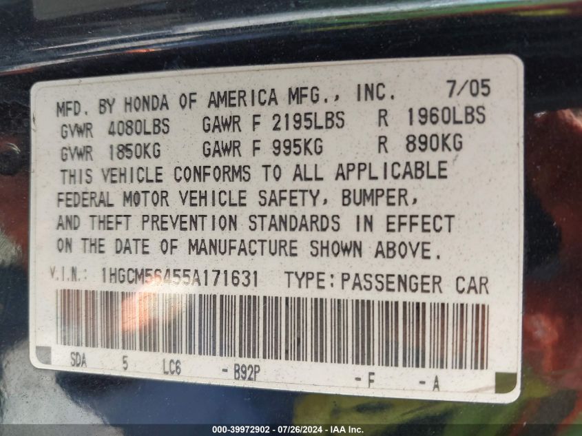 2005 Honda Accord 2.4 Lx VIN: 1HGCM56455A171631 Lot: 39972902