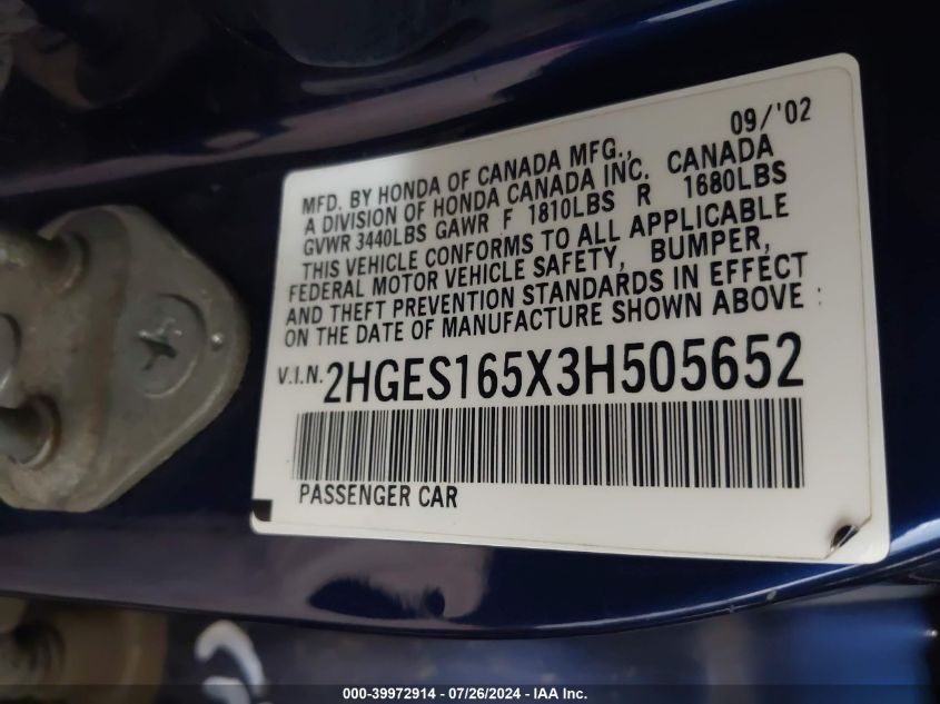 2003 Honda Civic Lx VIN: 2HGES165X3H505652 Lot: 39972914
