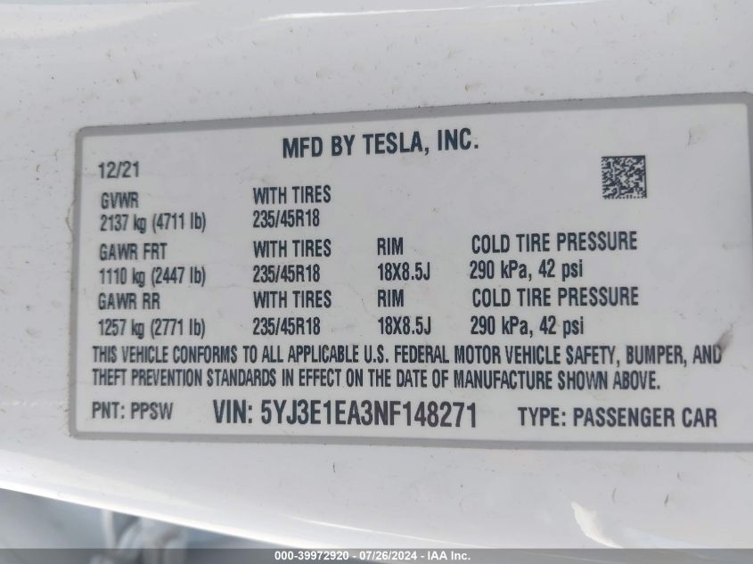 2022 Tesla Model 3 Rear-Wheel Drive VIN: 5YJ3E1EA3NF148271 Lot: 39972920