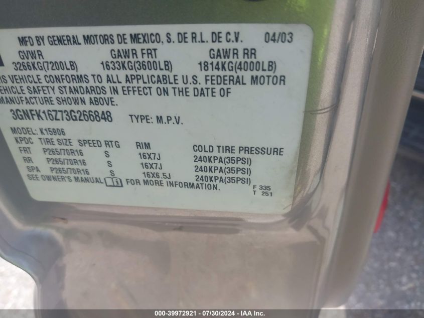 2003 Chevrolet Suburban 1500 Lt VIN: 3GNFK16Z73G266848 Lot: 39972921