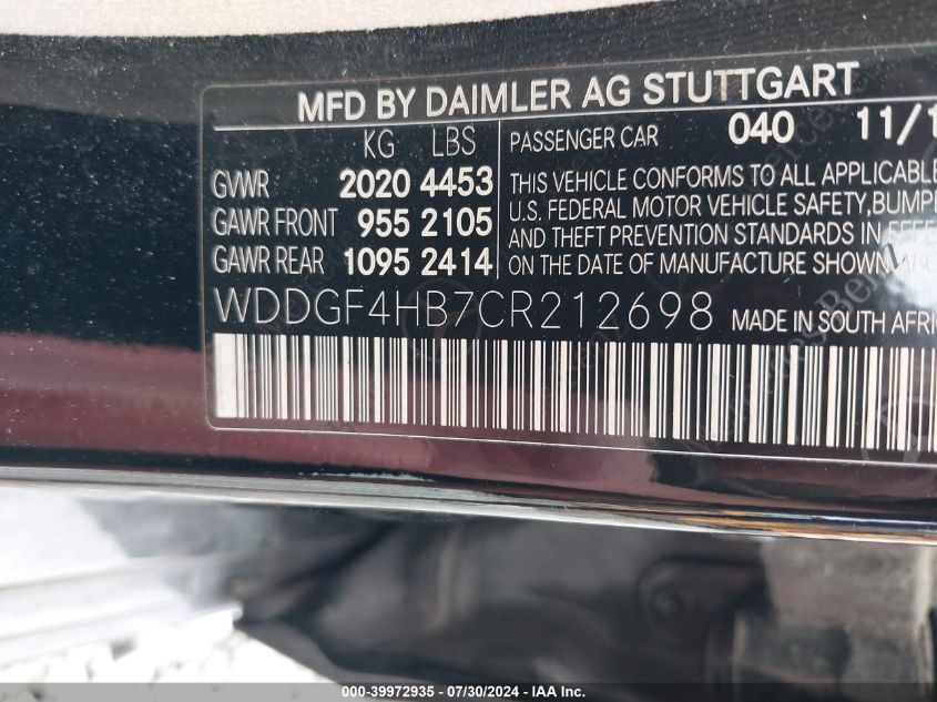 2012 Mercedes-Benz C 250 Luxury/Sport VIN: WDDGF4HB7CR212698 Lot: 39972935