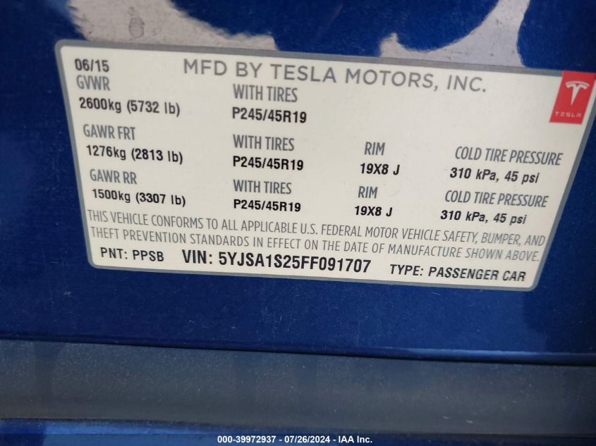 2015 Tesla Model S 70D/85D/P85D VIN: 5YJSA1S25FF091707 Lot: 39972937