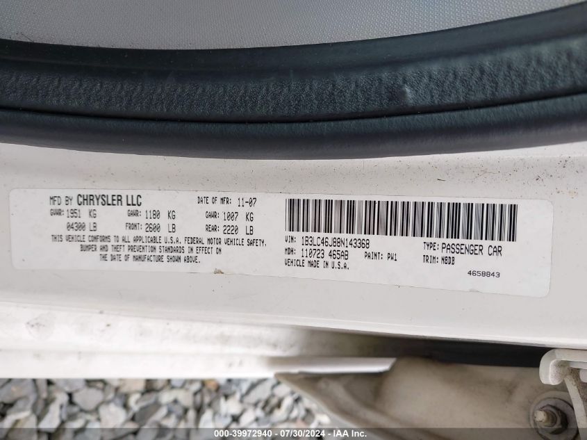 2008 Dodge Avenger Se VIN: 1B3LC46J88N143368 Lot: 39972940