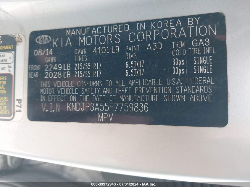 KNDJP3A55F7759836 | 2015 KIA SOUL