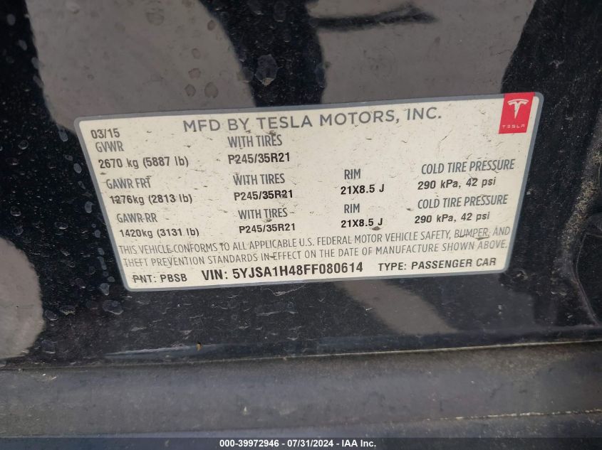 2015 Tesla Model S 85D/P85D VIN: 5YJSA1H48FF080614 Lot: 39972946